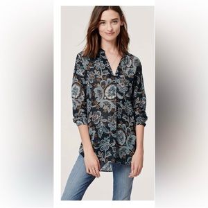 Loft Floral Paisley Peasant Tunic Blouse in Navy Multicolor size X-Small Petite